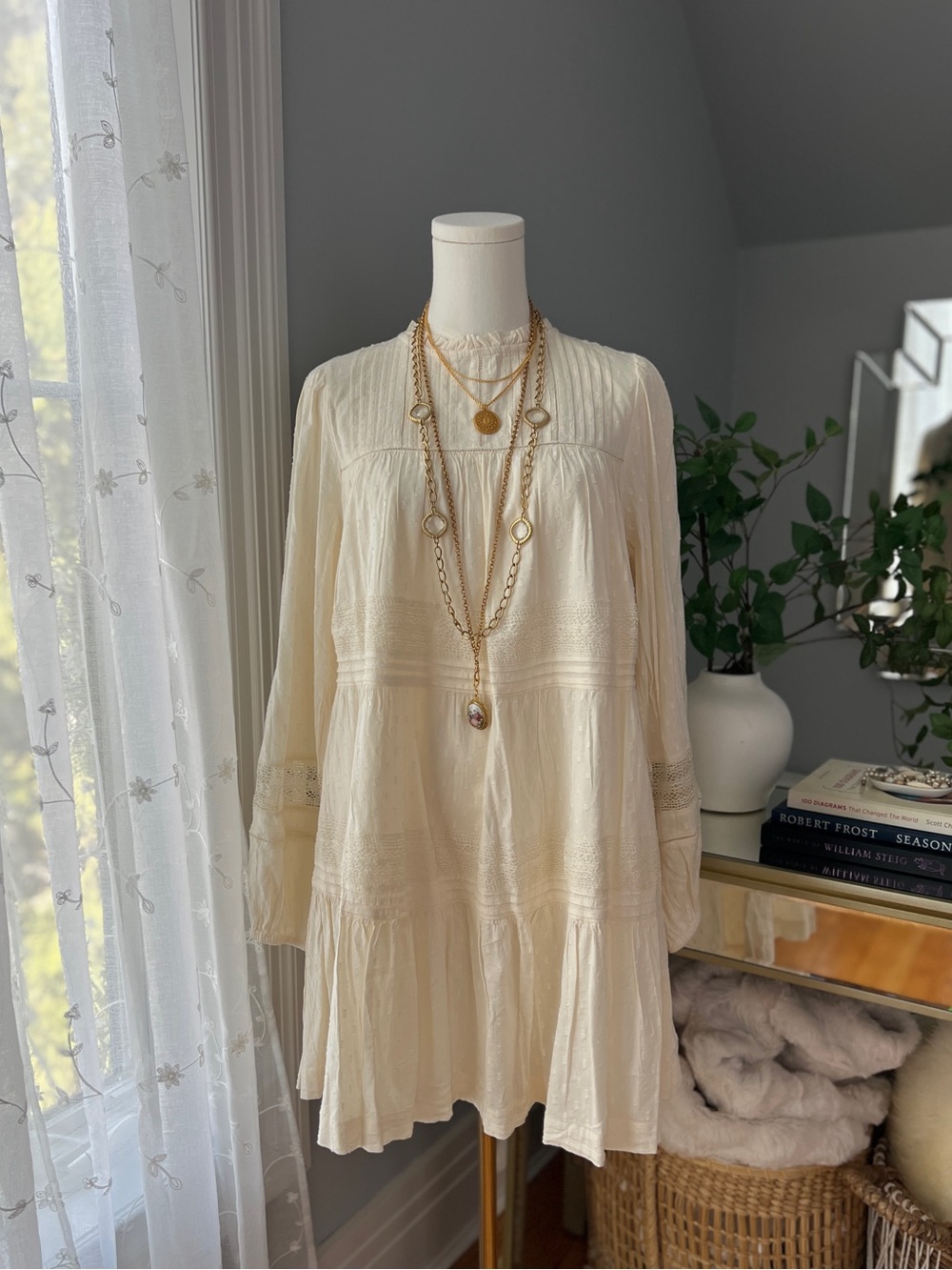 Cream Cotton Voile Long Sleeve Dress NWT